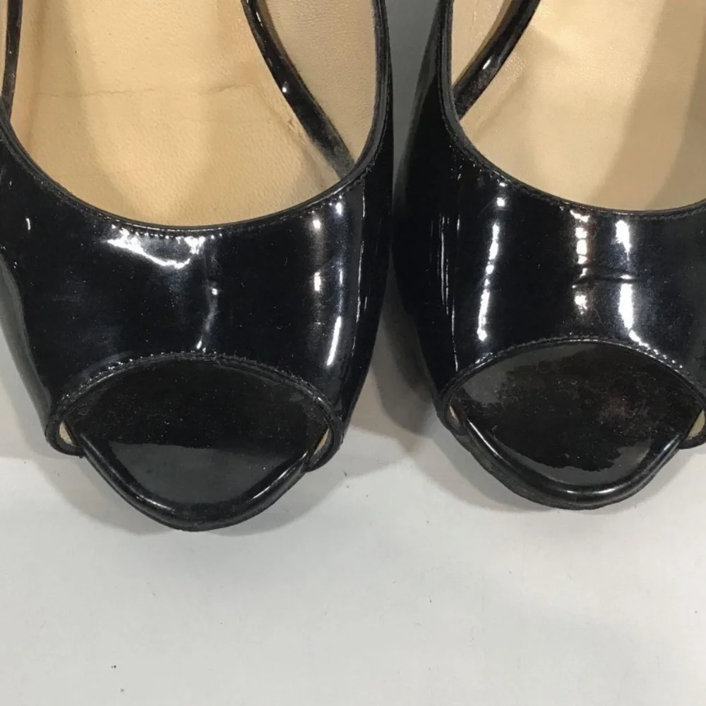 Women’s Jimmy Choo Black Patent Wedge Peep-Toe Shoes Size 38.5